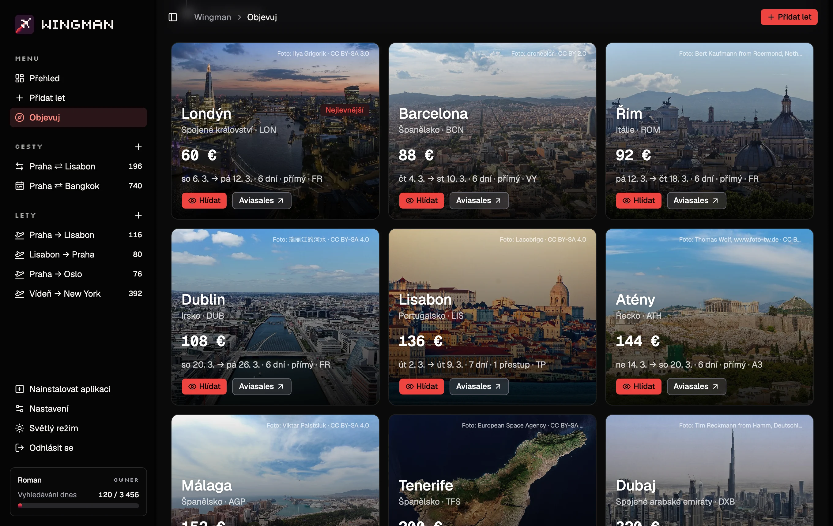 Objevování z Prahy na týden v březnu: Londýn 60 €, Barcelona 88 €, Řím 92 €, Dublin, Lisabon a Atény, každá karta na fotce města