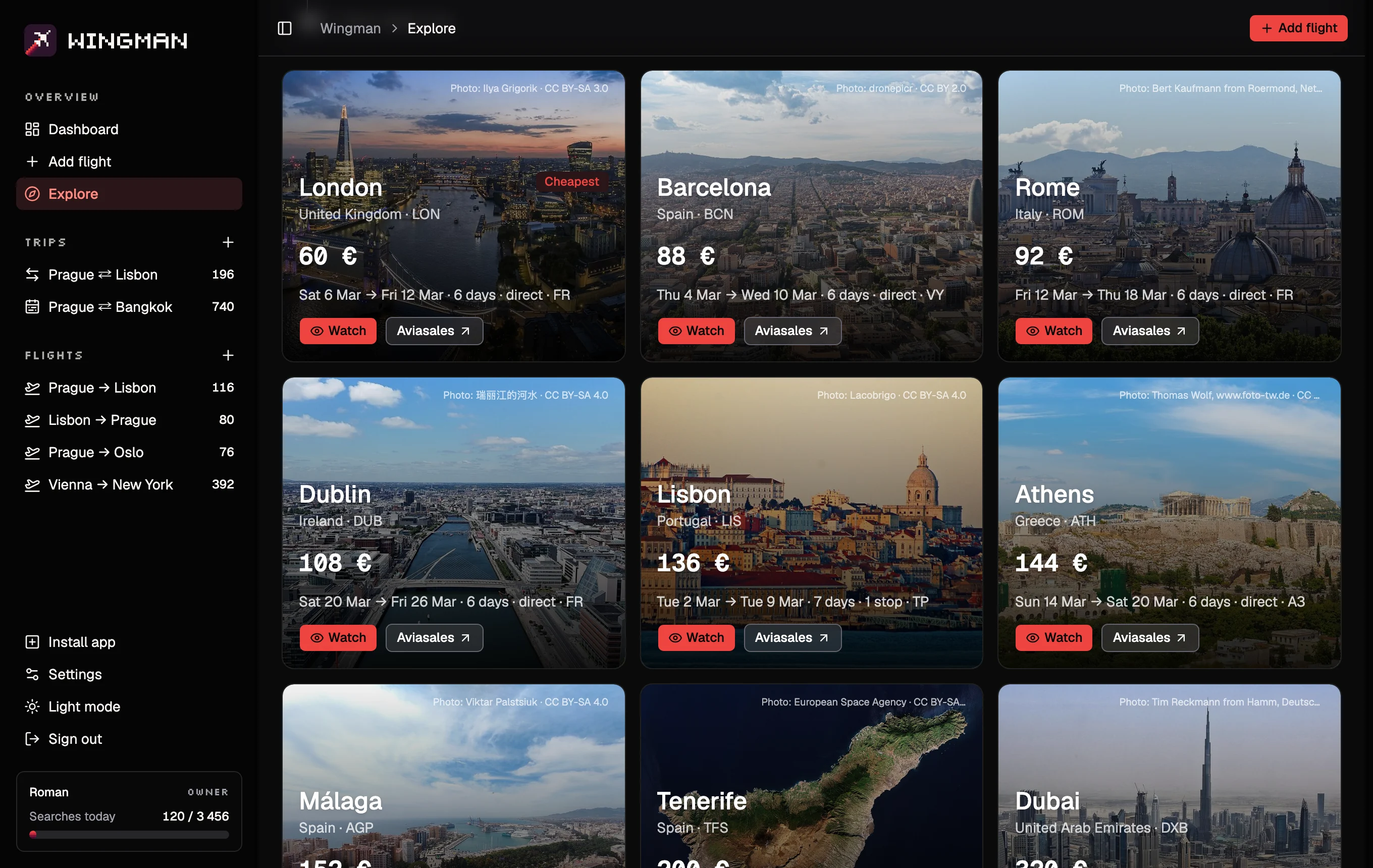 Explore from Prague for a week in March: London 60 €, Barcelona 88 €, Rome 92 €, Dublin, Lisbon and Athens, each card on a photo of the city
