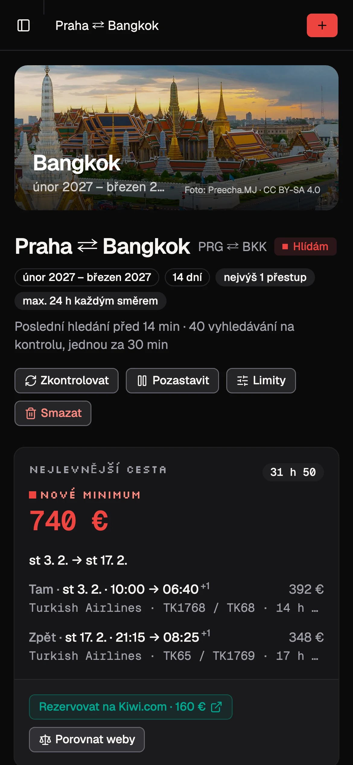 Wingman v telefonu: fotka Bangkoku nad cestou a nejlevnější zpáteční cesta se značkou NOVÉ MINIMUM za 740 €