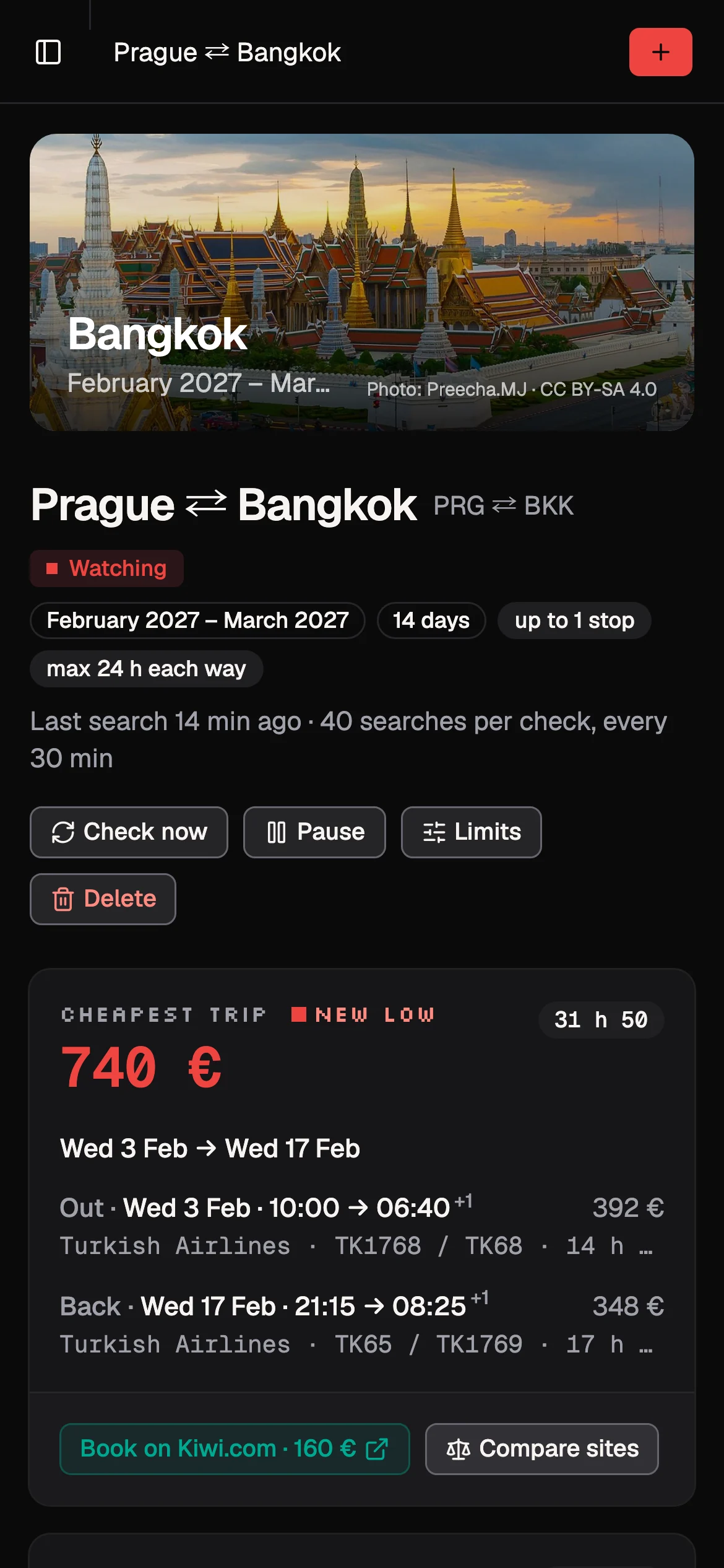 Wingman on a phone: a photo of Bangkok over the trip, and the cheapest round trip with a NEW LOW marker at 740 €