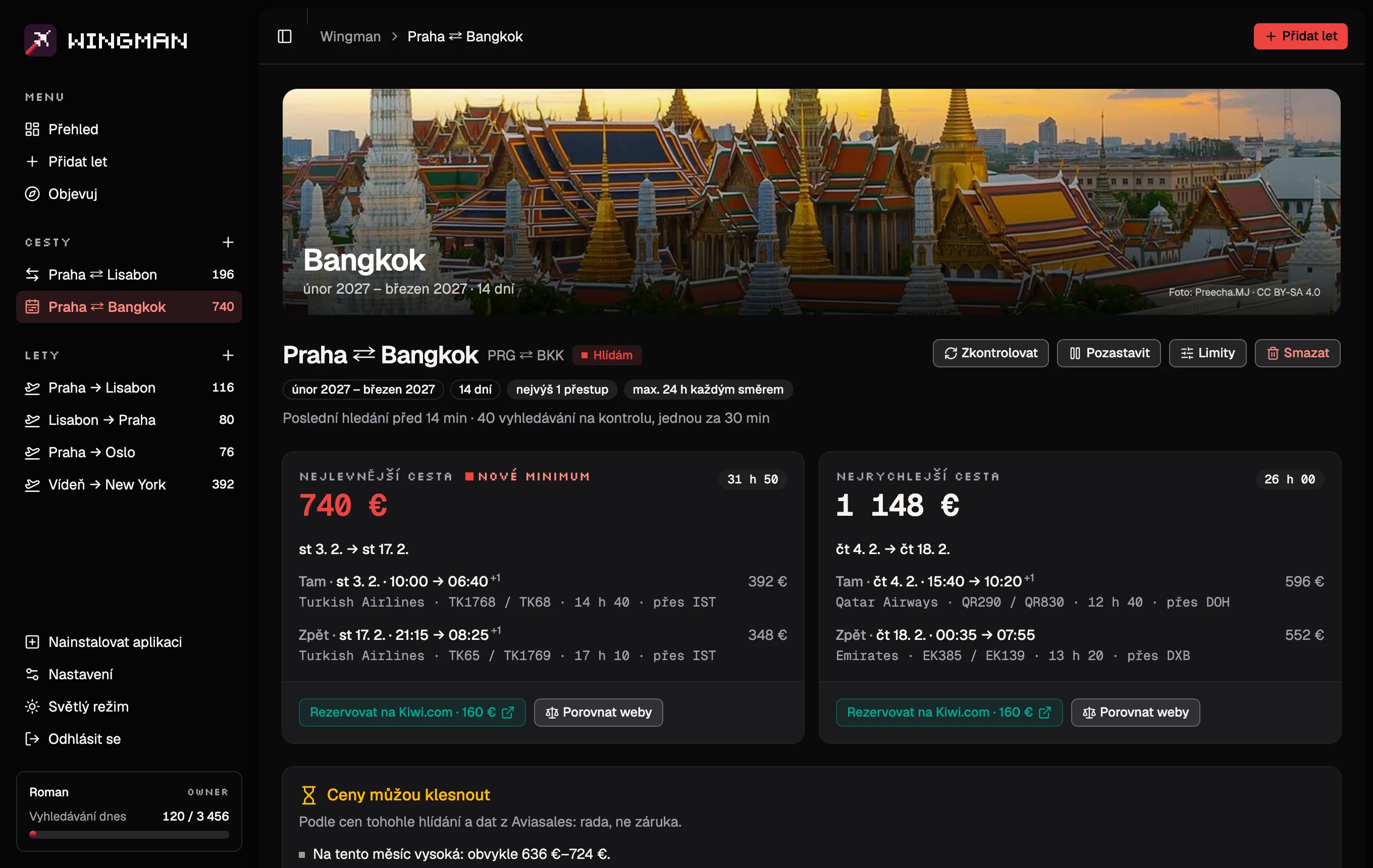 Flexibilní cesta z Prahy do Bangkoku v únoru na 14 dní pod fotkou Bangkoku: nejlevnější zpáteční cesta za 740 €, nejrychlejší za 1 148 € a rada počkat, ceny můžou klesnout