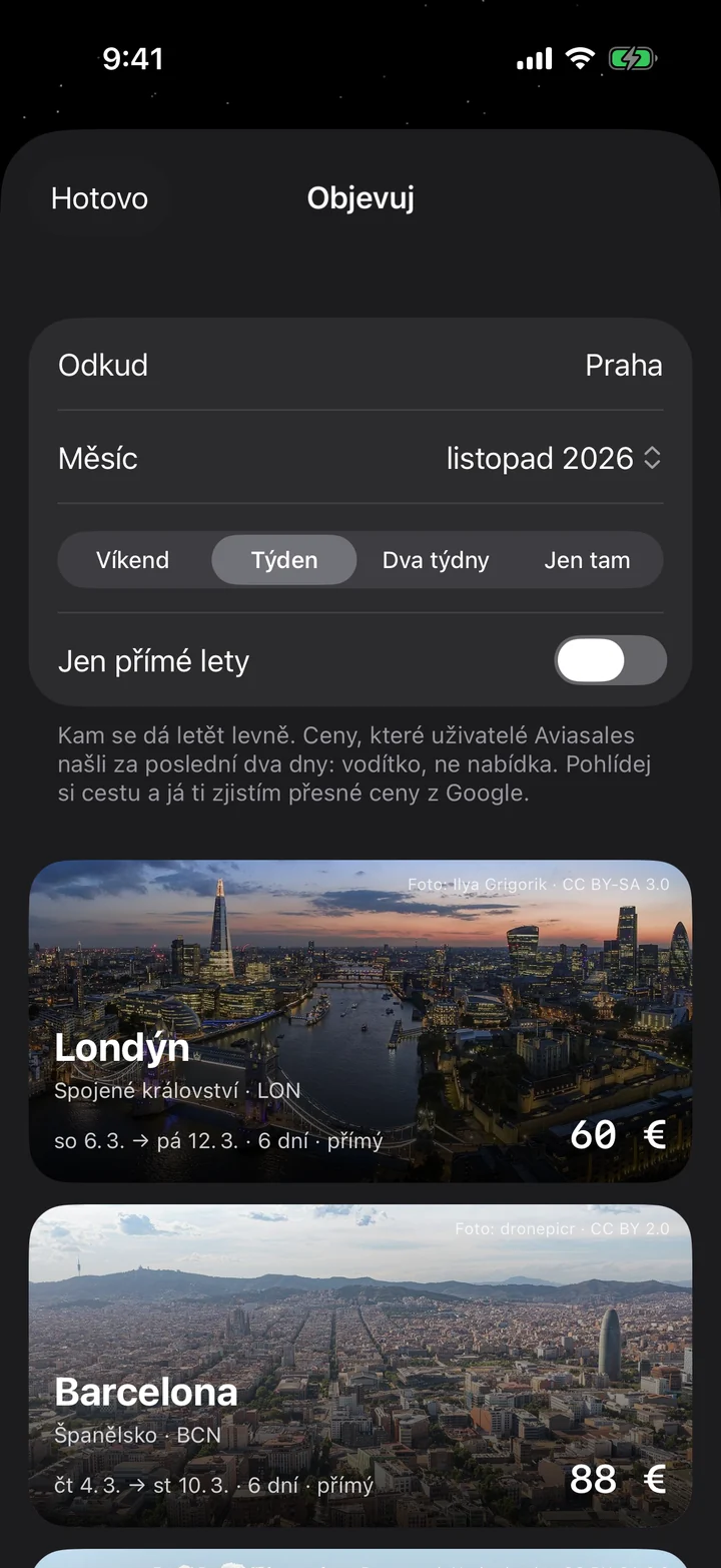 Objevování v iPhonu: Londýn, Barcelona a Řím jako karty s fotkami, každá s nejlevnější cestou z Prahy