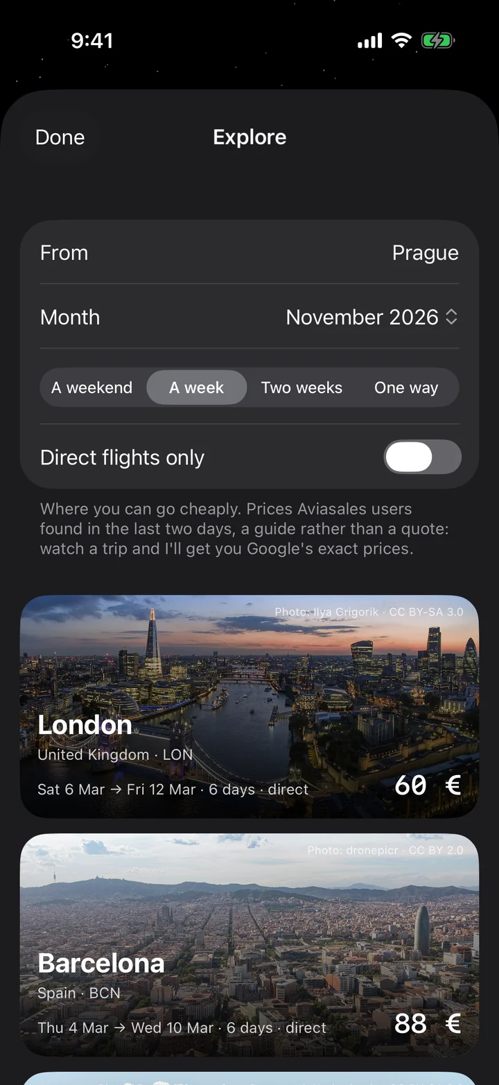 Explore on the iPhone: London, Barcelona and Rome as photo cards, each with its cheapest trip from Prague