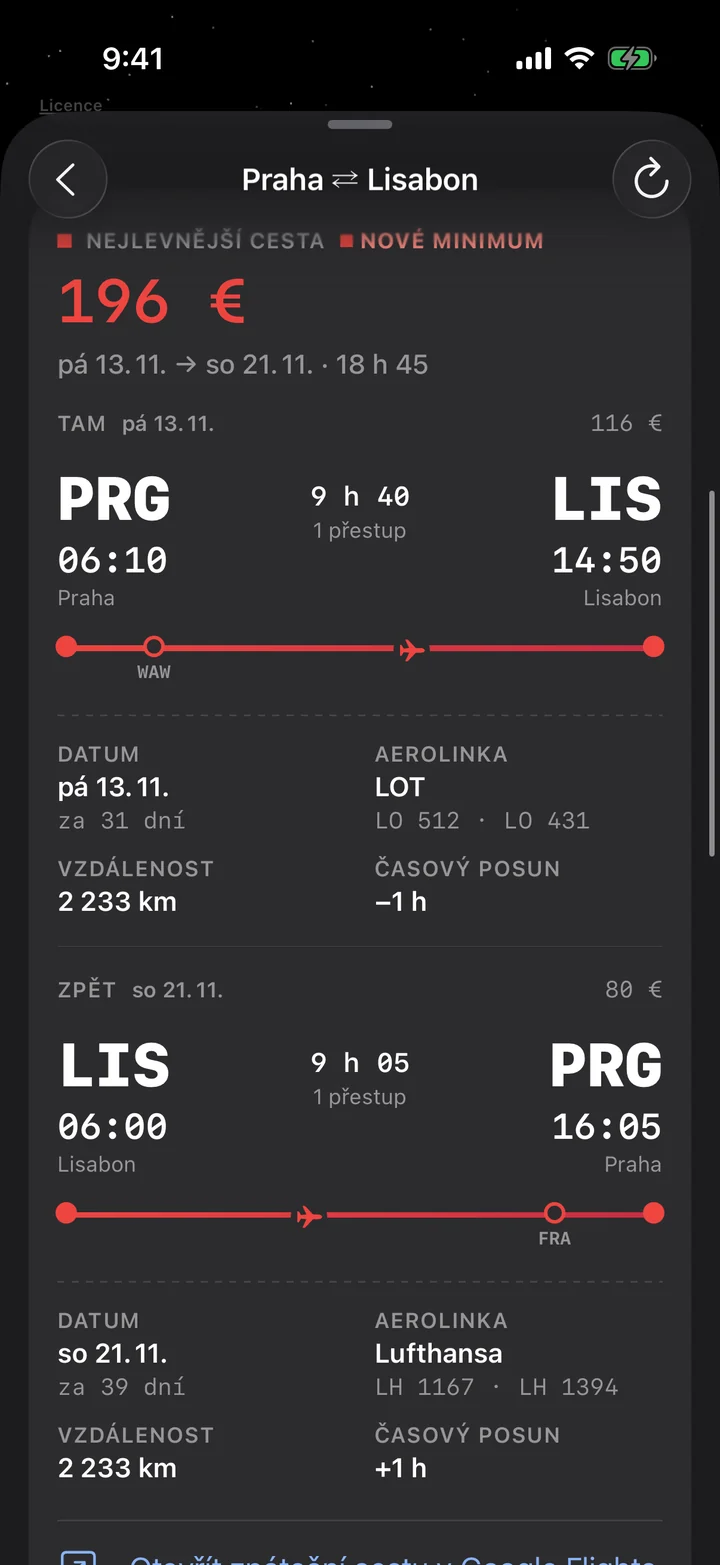Zpáteční cesta z Prahy do Lisabonu jako dva palubní lístky, 196 € za oba: tam v 06:10 s přestupem ve Varšavě, zpět v 06:00 s přestupem ve Frankfurtu, každý s datem, aerolinkou, vzdáleností a časovým posunem