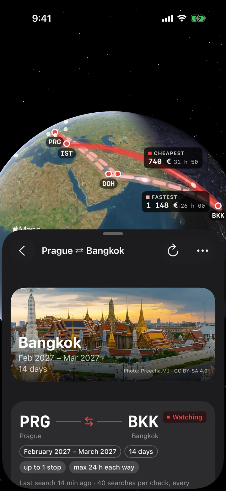 Prague to Bangkok on the globe: the cheapest trip at 740 € via Istanbul as a solid line and the fastest at 1 148 € via Doha as a dashed one, each labelled, and a photo of Bangkok over the trip below